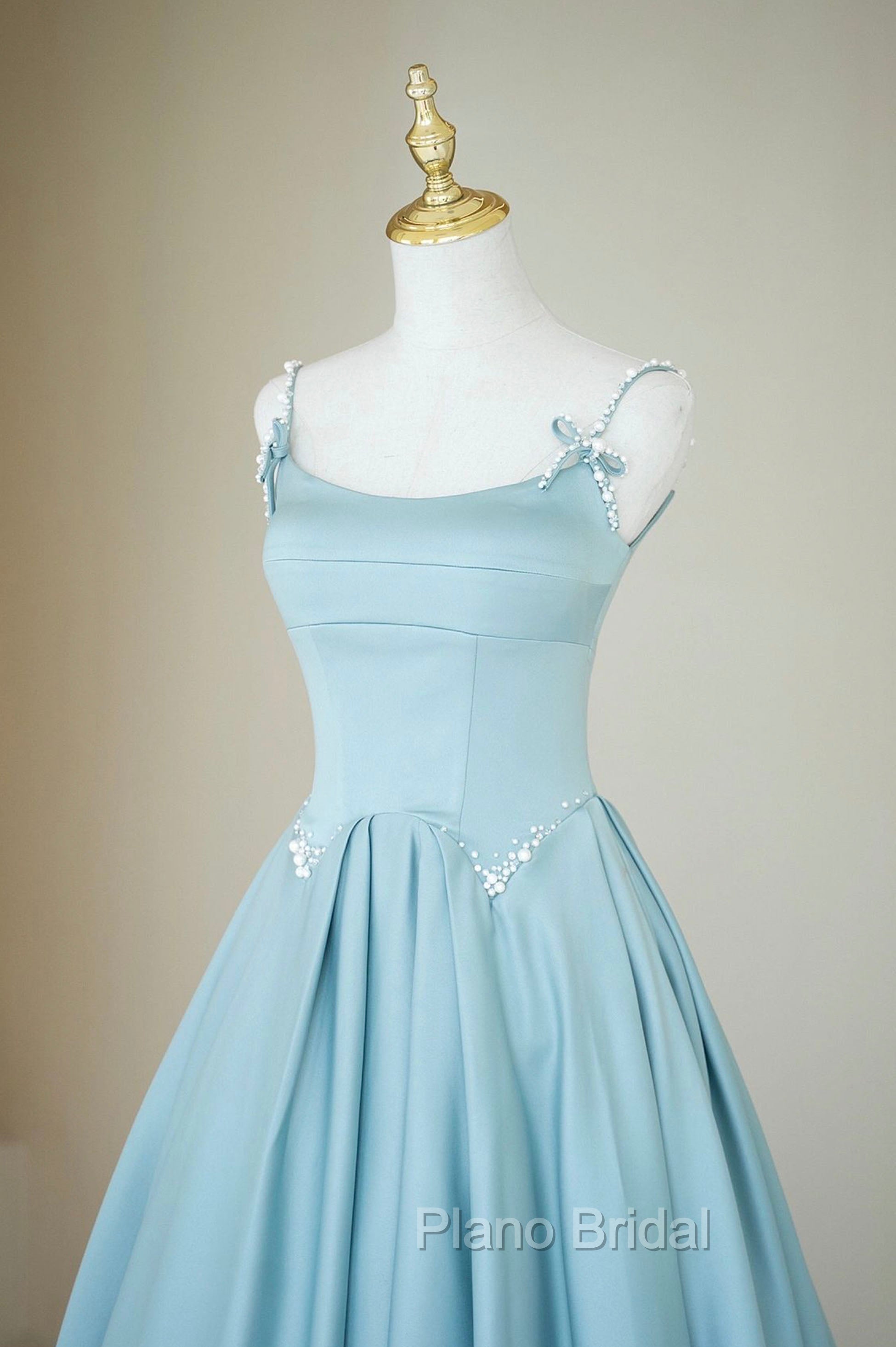 Blue Satin Long A-Line Formal Prom Dresses, Spaghetti Straps Evening Dresses Secondary image