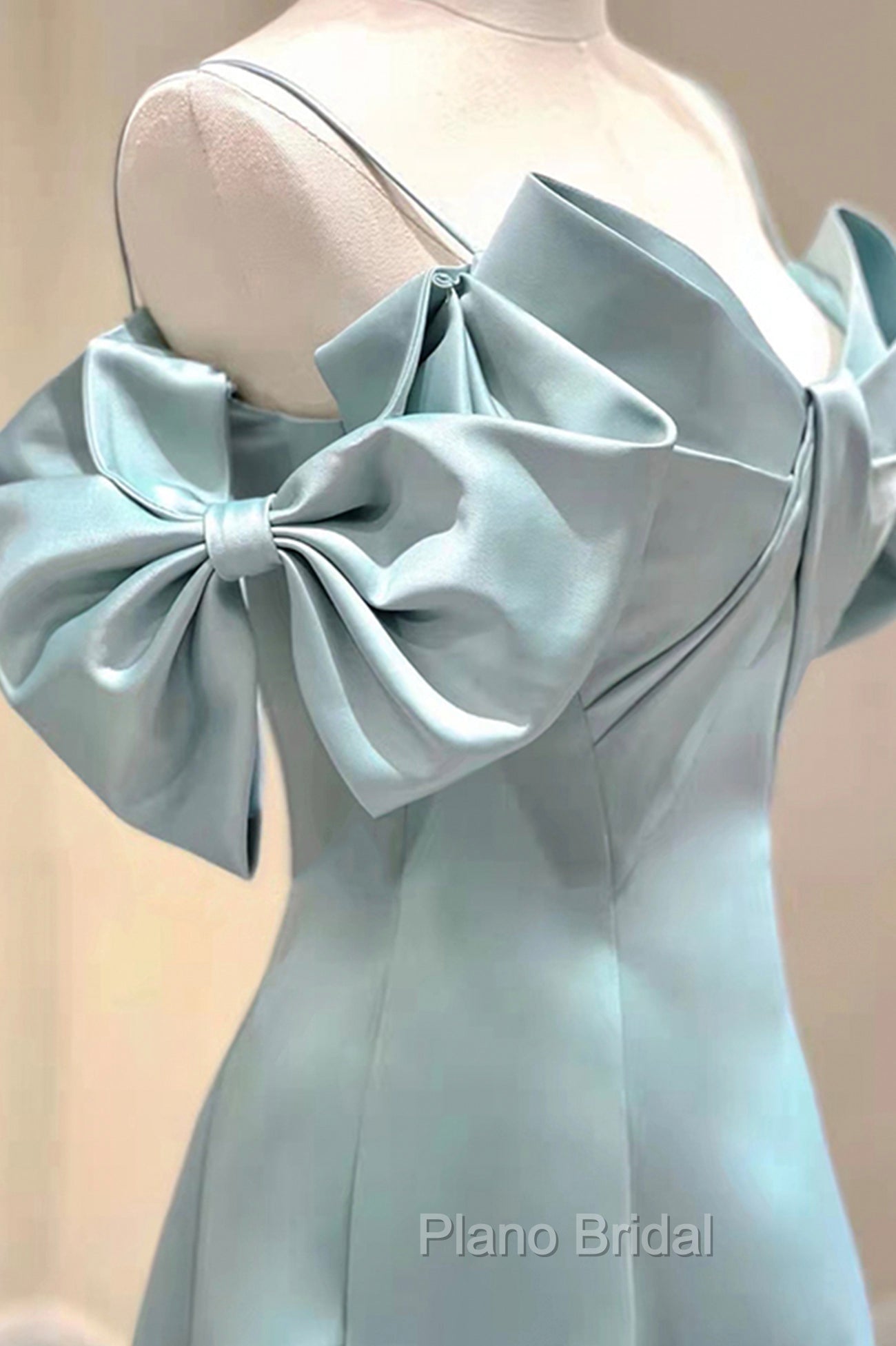 Blue Satin Long A-Line Formal Prom Dresses, Unique Spaghetti Straps Evening Dresses