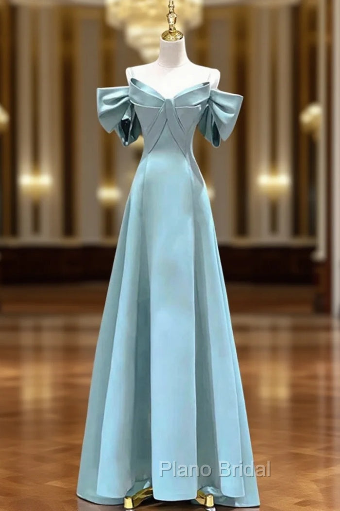 Blue Satin Long A-Line Formal Prom Dresses, Unique Spaghetti Straps Evening Dresses Main image