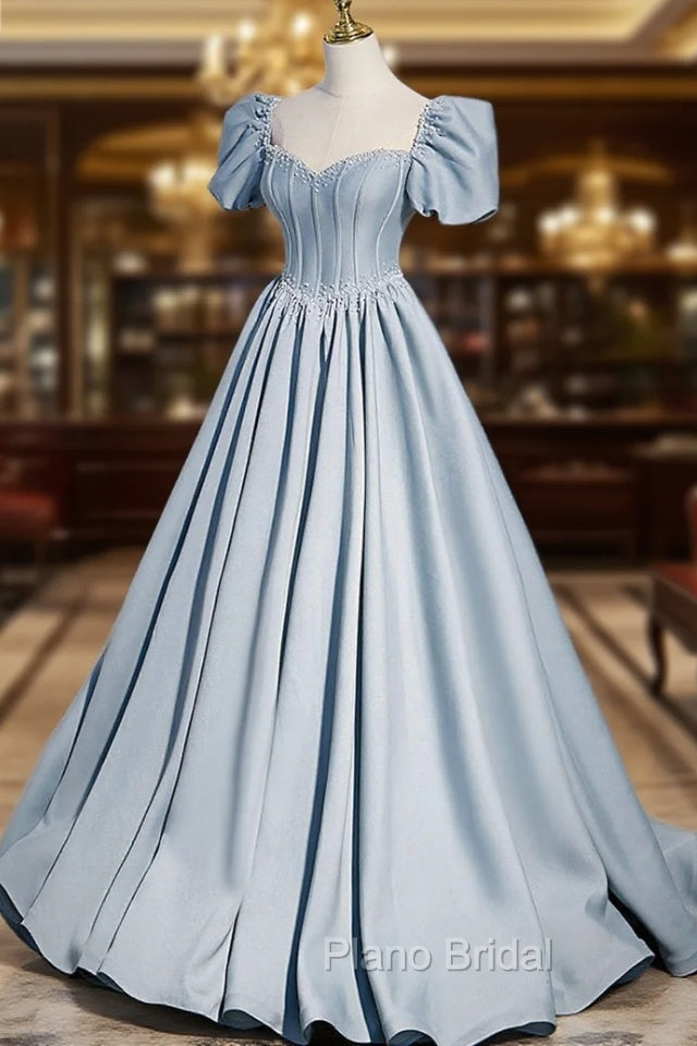 Blue Satin Long A-Line Formal Prom Dresses with Pearls, Cute Short Sleeve Evening Dresses Secondary image
