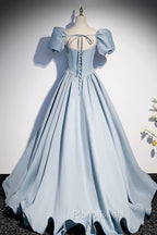 Blue Satin Long A-Line Formal Prom Dresses with Pearls, Cute Short Sleeve Evening Dresses