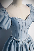 Blue Satin Long A-Line Formal Prom Dresses with Pearls, Cute Short Sleeve Evening Dresses