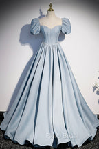 Blue Satin Long A-Line Formal Prom Dresses with Pearls, Cute Short Sleeve Evening Dresses
