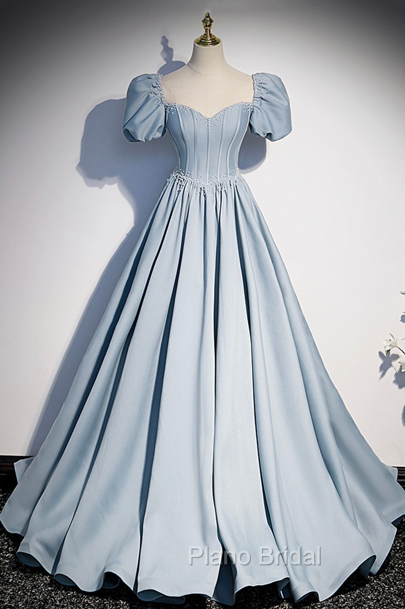 Blue Satin Long A-Line Formal Prom Dresses with Pearls, Cute Short Sleeve Evening Dresses