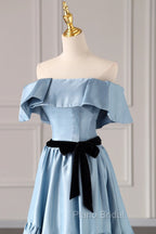 Blue Satin Long Formal Dresses, Simple A-Line Strapless Formal Prom Dresses