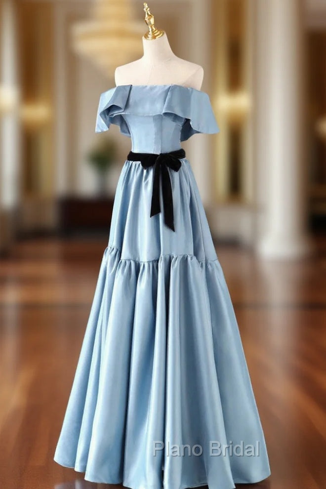 Blue Satin Long Formal Dresses, Simple A-Line Strapless Formal Prom Dresses Main image