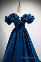 Blue Satin Long Off Shoulder A-Line Formal Prom Dresses, Blue Sweetheart Formal Dresses