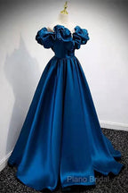 Blue Satin Long Off Shoulder A-Line Formal Prom Dresses, Blue Sweetheart Formal Dresses