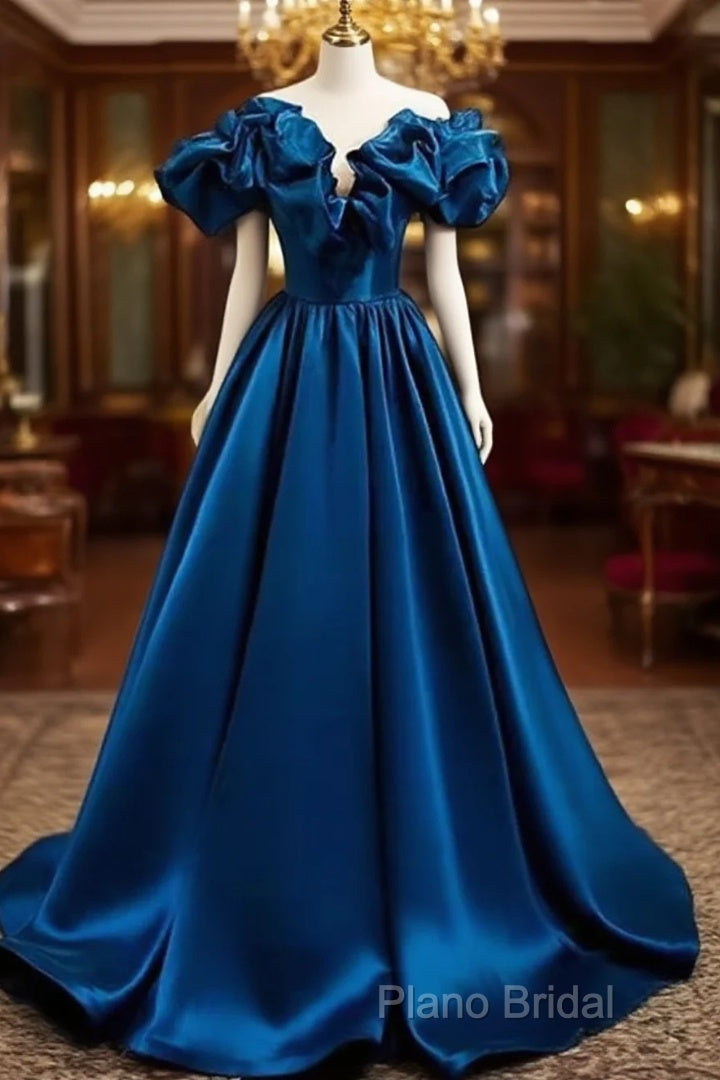 Blue Satin Long Off Shoulder A-Line Formal Prom Dresses, Blue Sweetheart Formal Dresses Main image