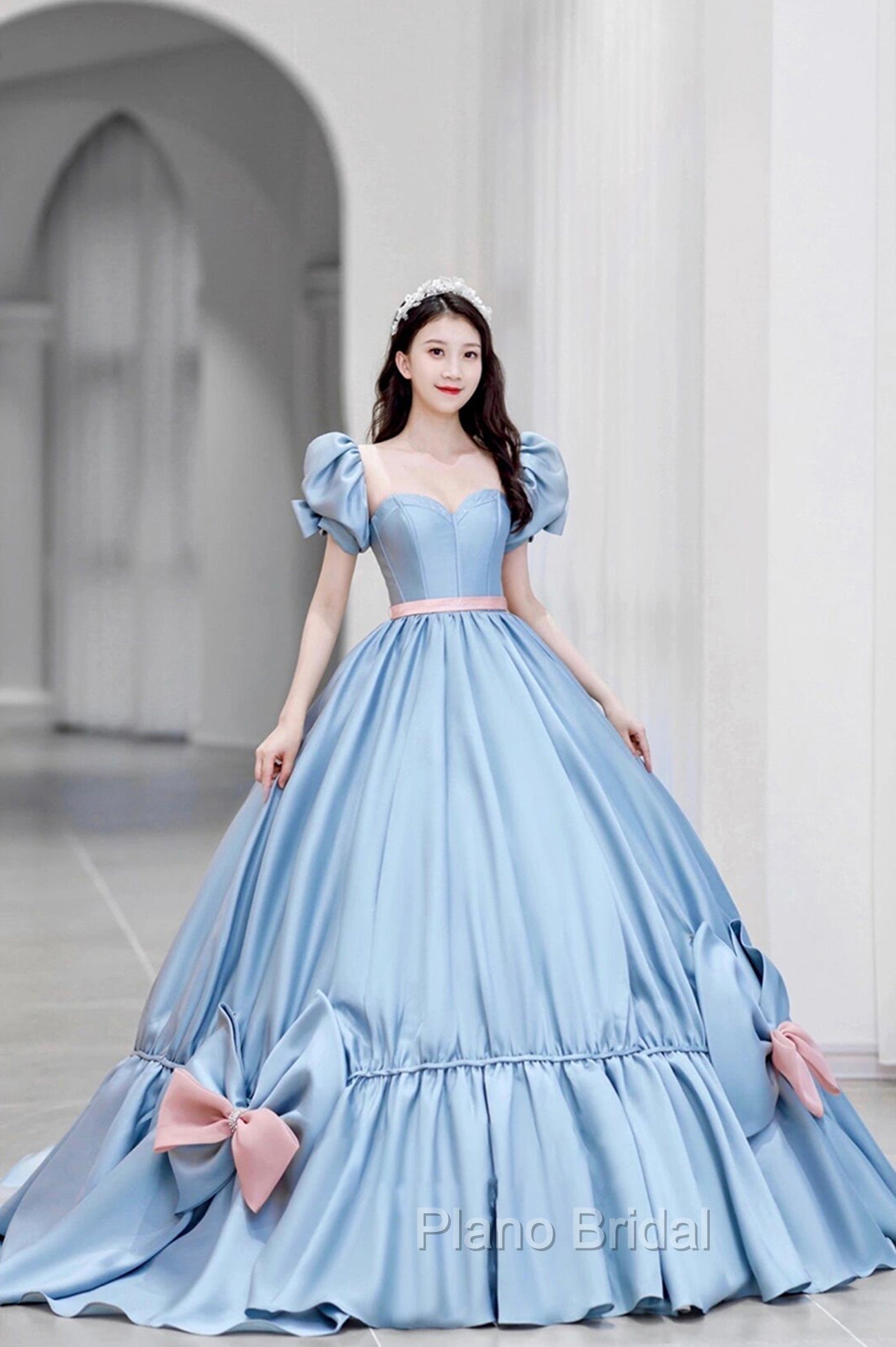 Blue Satin Long Princess Dresses, Cute Short Sleeve Ball Gown Sweet 16 Dresses Secondary image