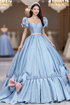 Blue Satin Long Princess Dresses, Cute Short Sleeve Ball Gown Sweet 16 Dresses