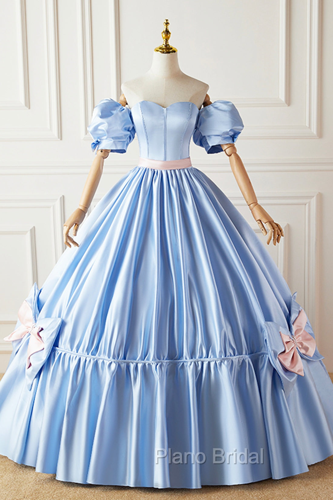 Blue Satin Long Princess Dresses, Lovely Short Sleeve Ball Gown Sweet 16 Dresses Main image