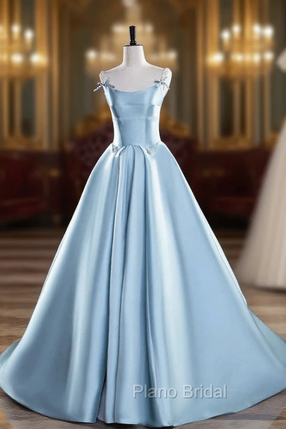 Blue Satin Long Formal Prom Dresses, A-Line Spaghetti Strap Evening Party Dresses Main image