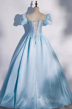 Blue Satin Long Formal Prom Dresses, Blue A-Line Scoop Neckline Short Sleeve Formal Dresses