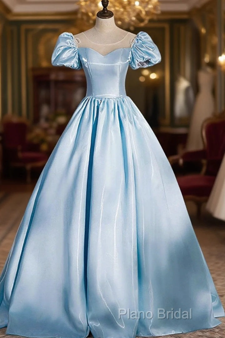 Blue Satin Long Formal Prom Dresses, Blue A-Line Scoop Neckline Short Sleeve Formal Dresses Main image