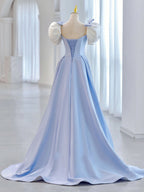 Blue Satin Long Formal Prom Dresses, Blue Formal Prom Dresses