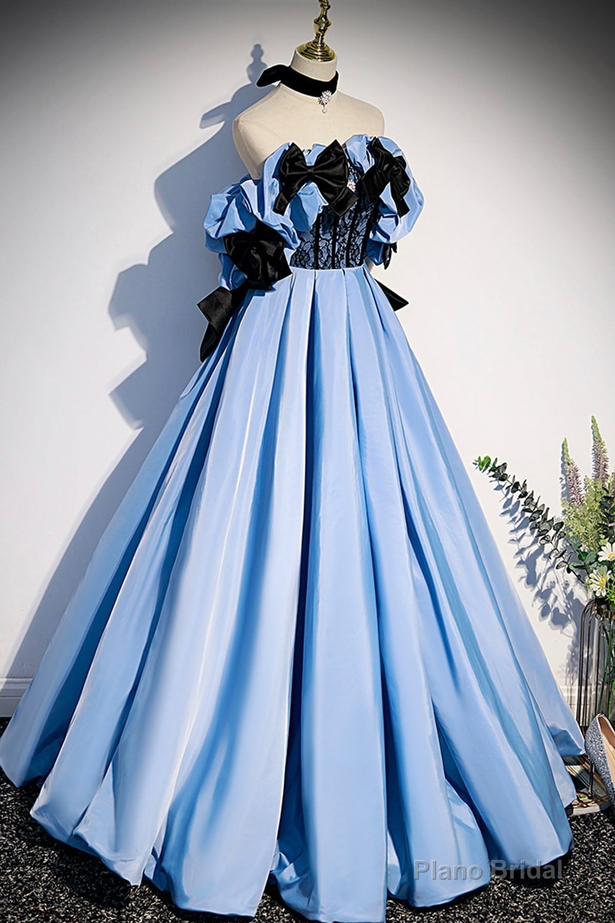 Blue Satin Long Prom Dress, Off the Shoulder Formal Evening Dress Main image