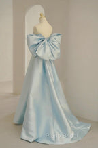 Blue Satin Long Formal Prom Dresses with Big Bow, Blue A-Line Evening Party Dresses