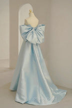 Blue Satin Long Formal Prom Dresses with Big Bow, Blue A-Line Evening Party Dresses