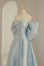 Blue Satin Long Formal Prom Dresses with Big Bow, Blue A-Line Evening Party Dresses