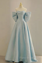 Blue Satin Long Formal Prom Dresses with Big Bow, Blue A-Line Evening Party Dresses