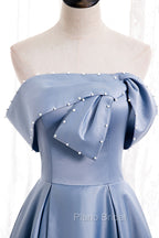 Blue Satin Long Formal Prom Dresses with Pearls, Blue A-Line Strapless Party Dresses