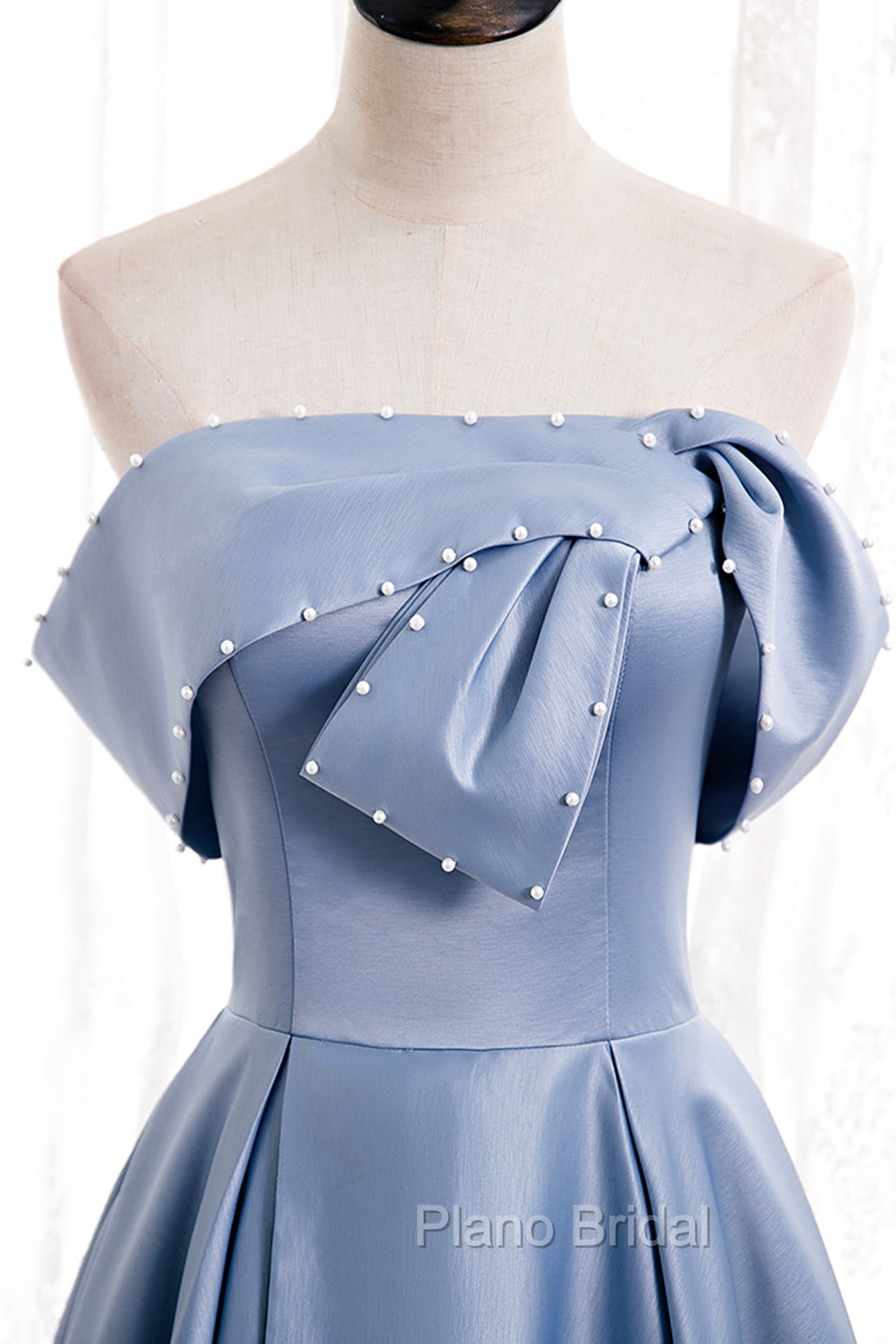 Blue Satin Long Formal Prom Dresses with Pearls, Blue A-Line Strapless Party Dresses Secondary image
