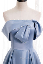 Blue Satin Long Formal Prom Dresses with Pearls, Blue A-Line Strapless Party Dresses