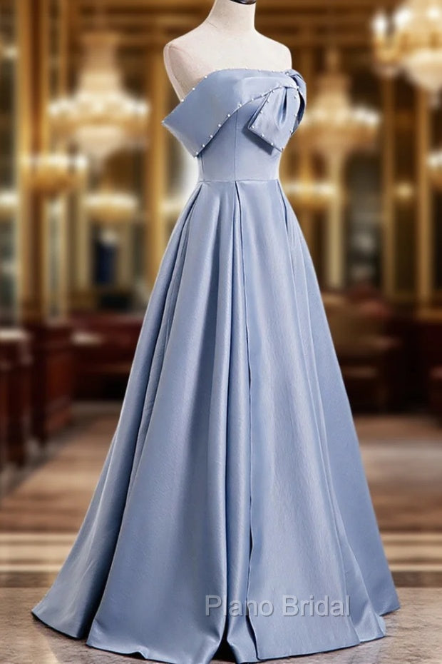 Blue Satin Long Formal Prom Dresses with Pearls, Blue A-Line Strapless Party Dresses