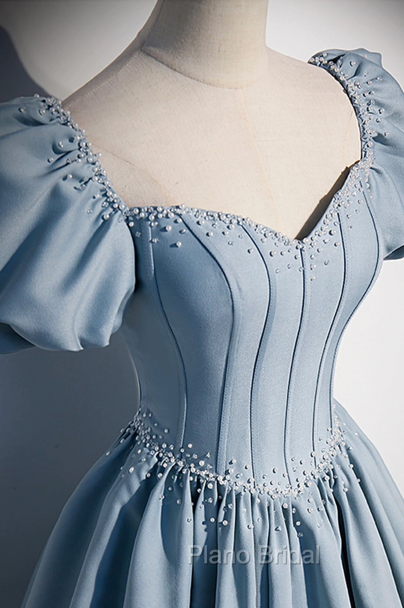 Blue Satin Long Formal Prom Dresses with Pearls, Blue Short Sleeves A-line Evening Dresses