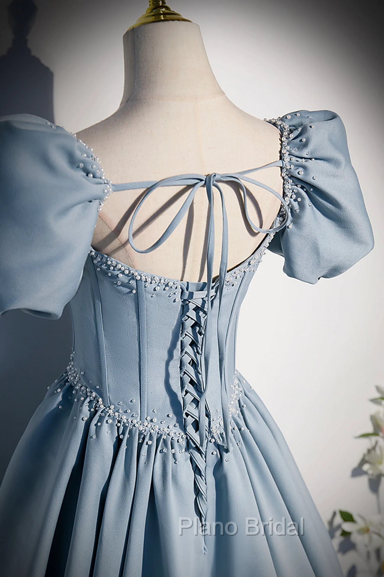Blue Satin Long Formal Prom Dresses with Pearls, Blue Short Sleeves A-line Evening Dresses