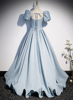 Blue Satin Long Formal Prom Dresses with Pearls, Blue Short Sleeves A-line Evening Dresses