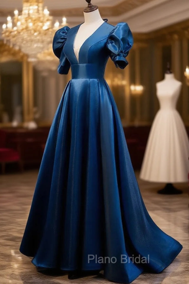 Blue Satin Long Formal Prom Dresses with Short Sleeves, Blue Evening Formal Dresses Secondary image