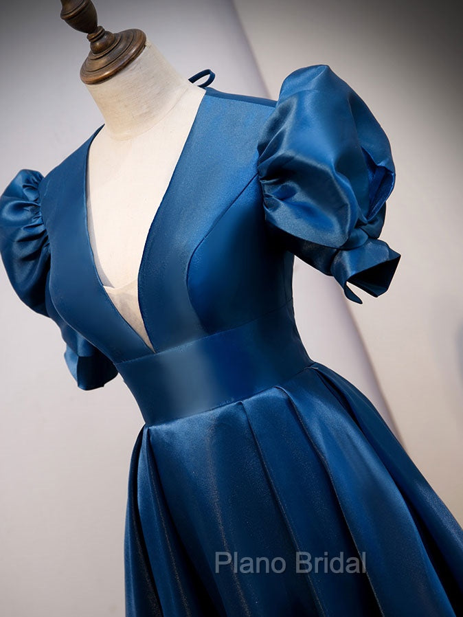 Blue Satin Long Formal Prom Dresses with Short Sleeves, Blue Evening Formal Dresses