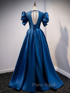 Blue Satin Long Formal Prom Dresses with Short Sleeves, Blue Evening Formal Dresses