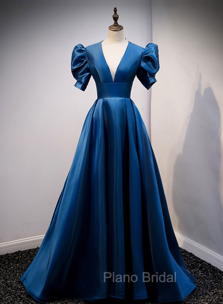 Blue Satin Long Formal Prom Dresses with Short Sleeves, Blue Evening Formal Dresses