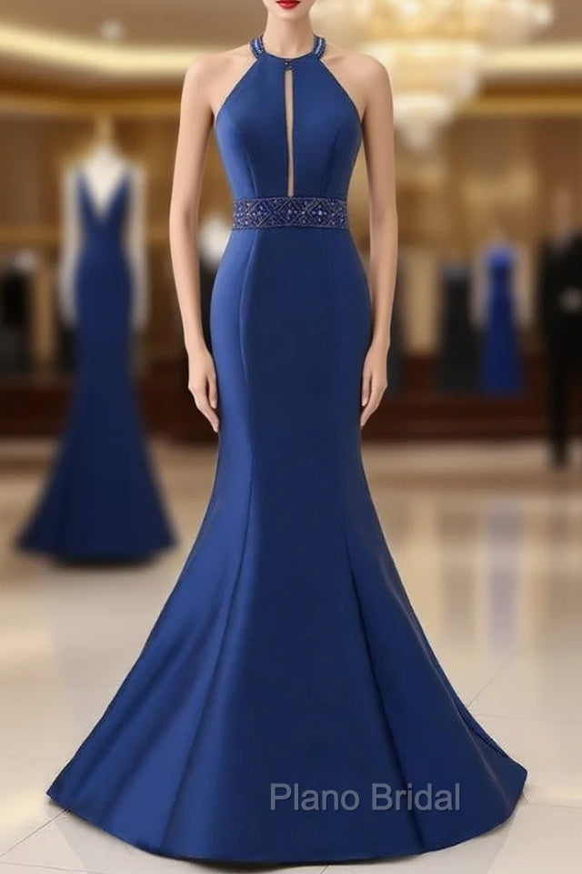 Blue Satin Mermaid Halter Cut Out Backless Long Formal Prom Dresses Main image