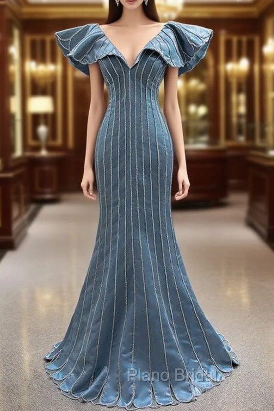 Blue Satin Mermaid V-neck Beading Formal Prom Dresses Main image