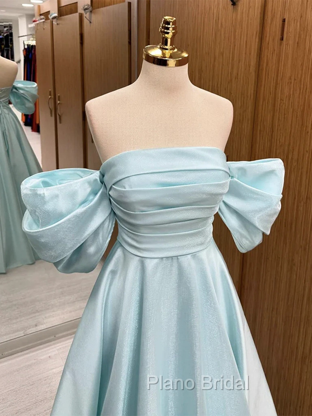 Blue Satin Off Shoulder Long Party Dresses, A-line Blue Formal Prom Dresses