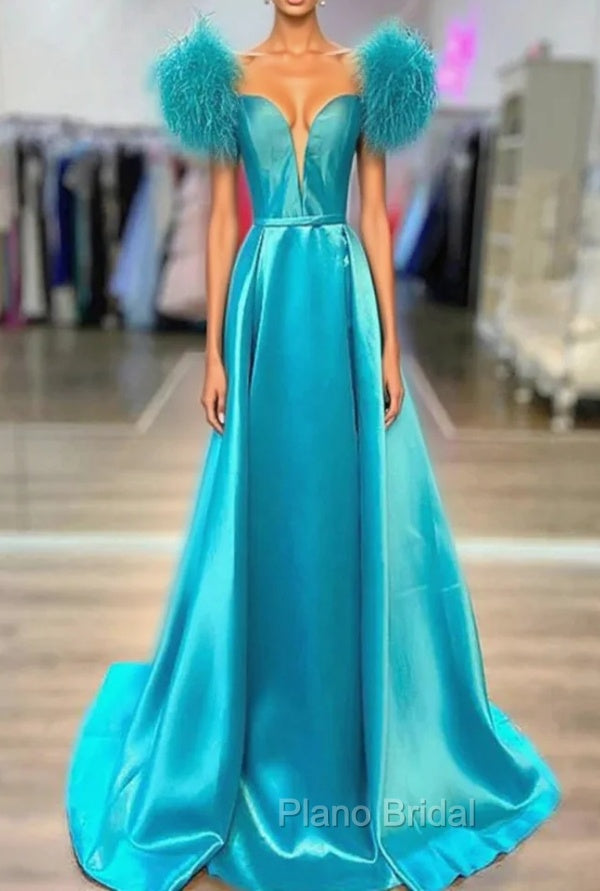 Blue Satin Off the Shoulder Feather Formal Prom Dresses Main image