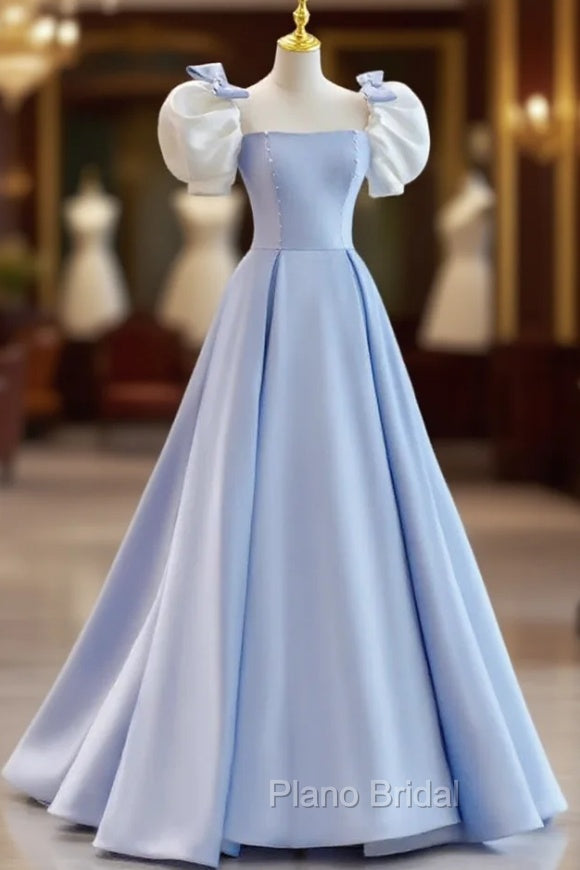 Blue Satin Puf Sleeve Bow Formal Prom Dresses Main image