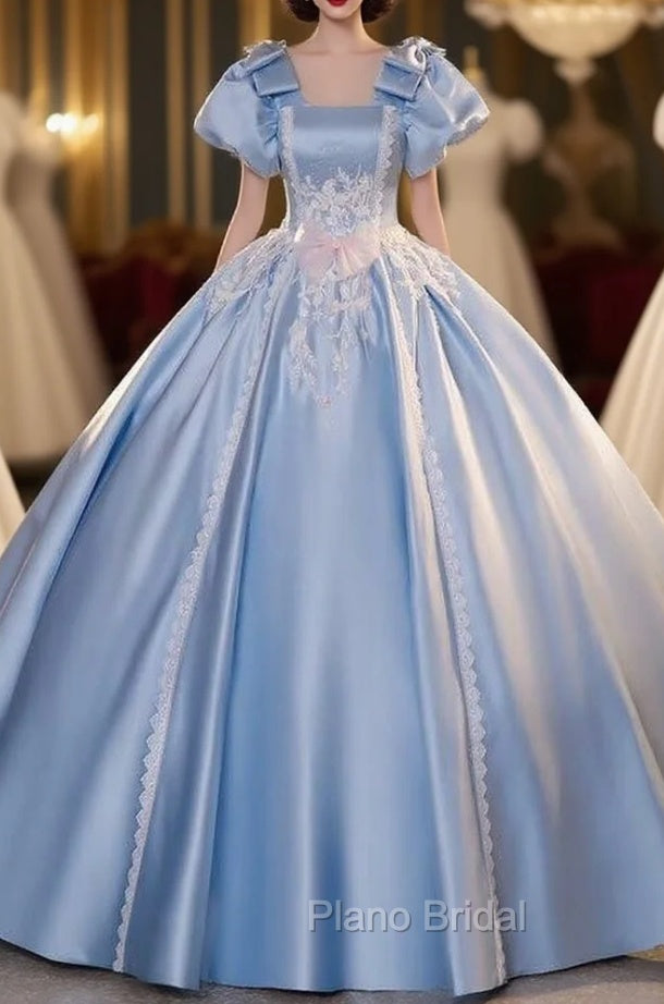 Blue Satin Puff Sleeve Appliques Quinceanera Dresses