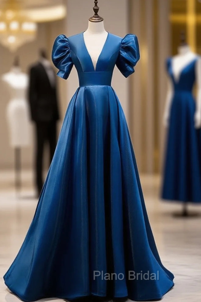 Blue Satin Puff Sleeve Backless Formal Prom Dresses Main image