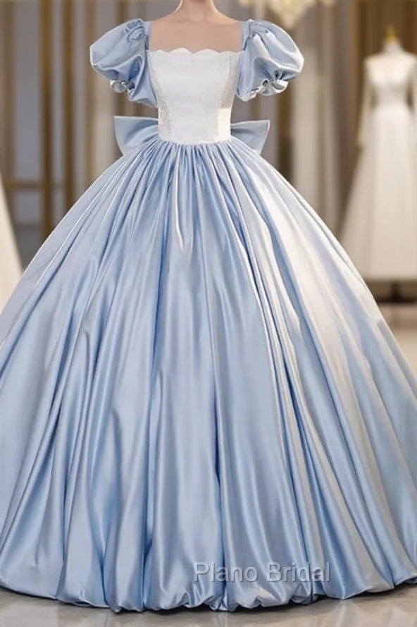 Blue Satin Puff Sleeve Bow Quinceanera Dresses Main image