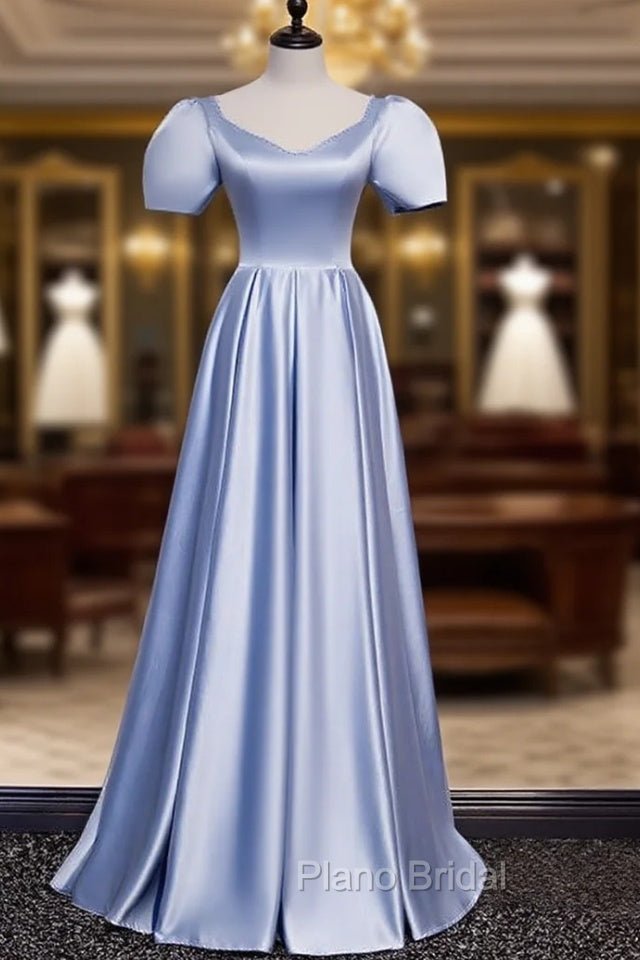 Blue Satin Puff Sleeve Pearls Beading Formal Prom Dresses Main image