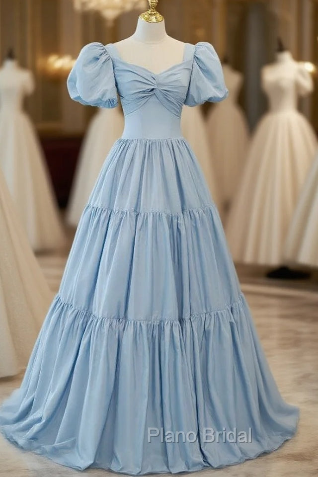 Blue Satin Puff Sleeve Pleats Formal Prom Dresses