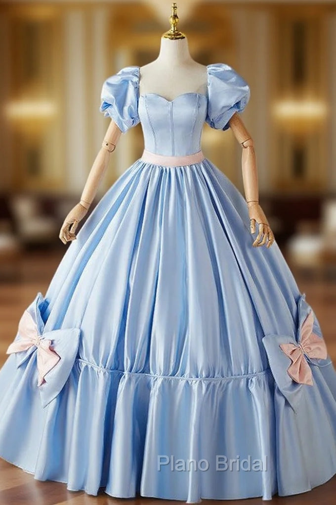 Blue Satin Puff Sleeve Quinceanera Dresses With Bow Main image