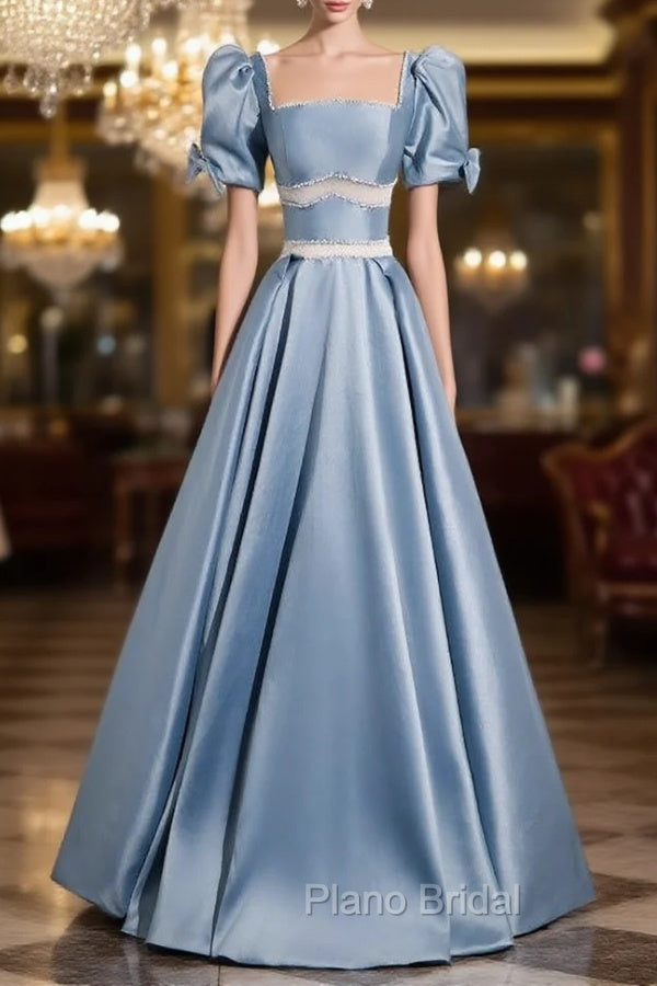 Blue Satin Puff Sleeve Square Beading Formal Prom Dresses Main image