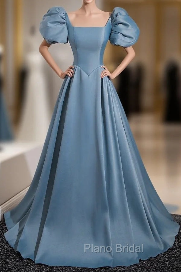 Blue Satin Puff Sleeve Square Neck Formal Prom Dresses