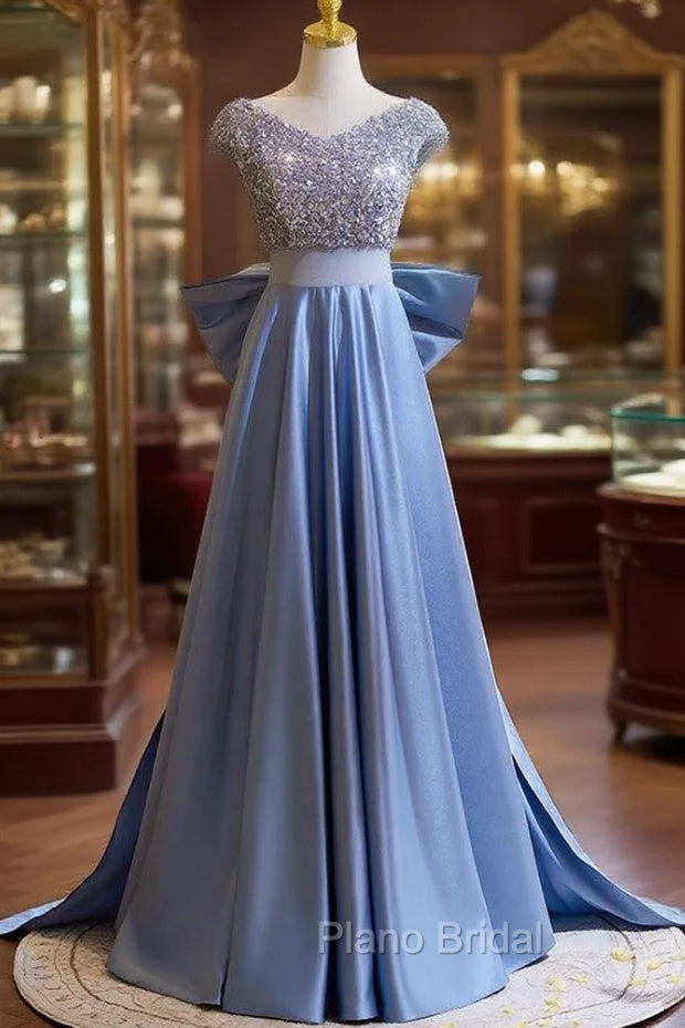 Blue Satin Sequins V-neck Formal Prom Dresses